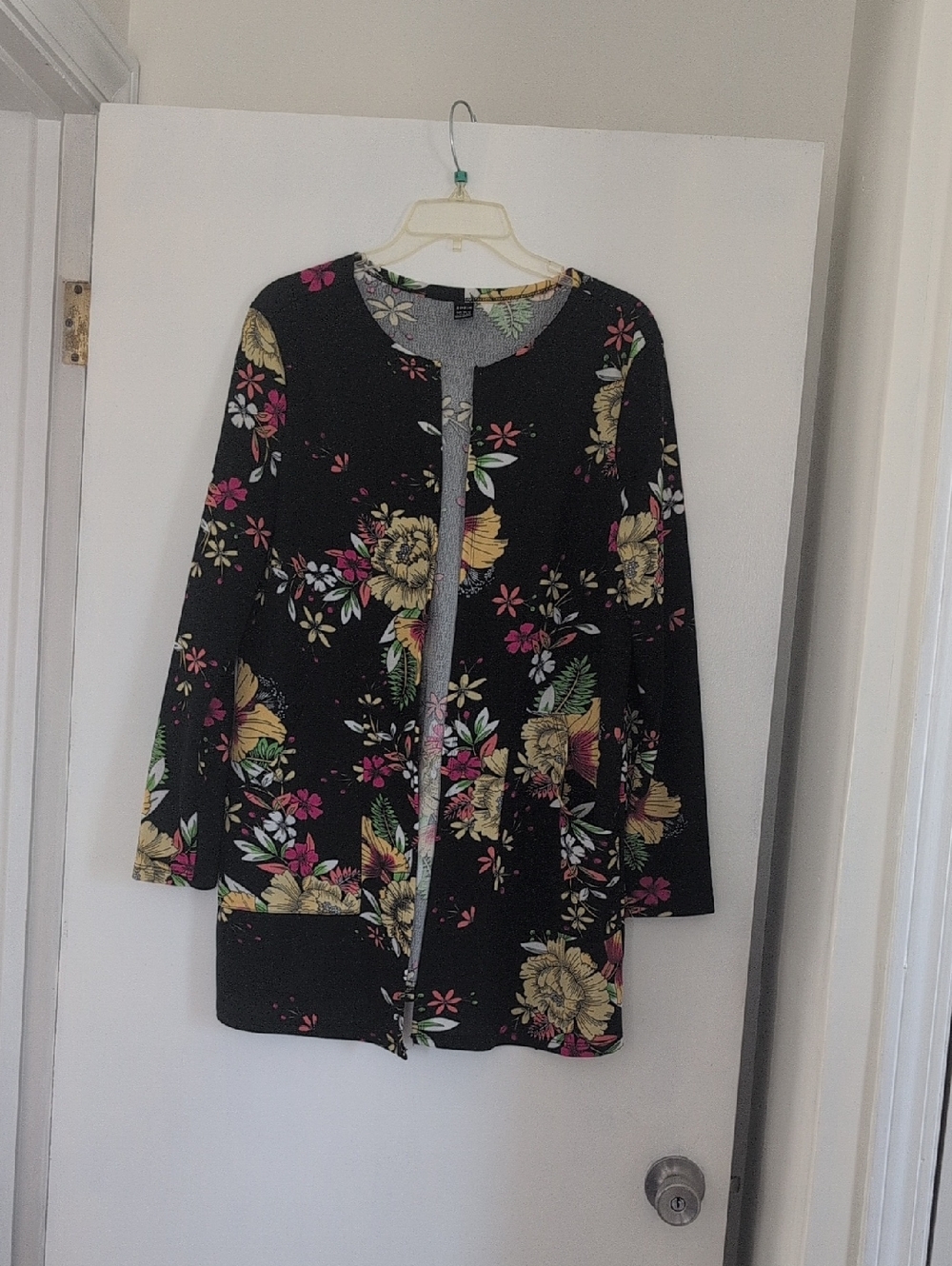 SHEIN Black Knit Floral Scoop Neck Top with Pink Yellow & Green Accents